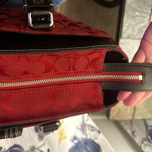 Coach Red Signature Hampton Satchel Handbag Red Leather Trim STYLE F13975. - Picture 13 of 16